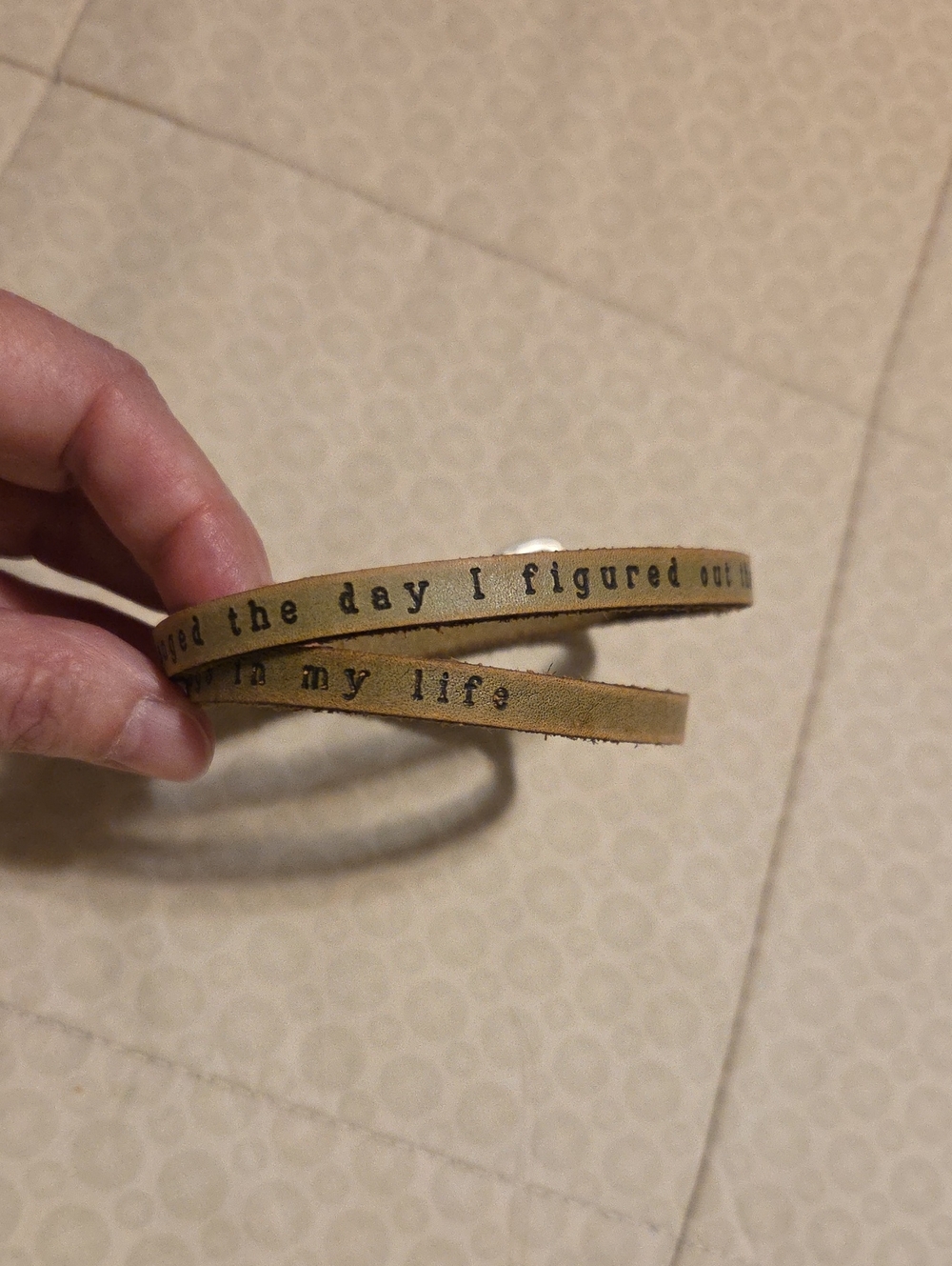 Leather Wrap Bracelet with Stamped Phrase - Faded Green